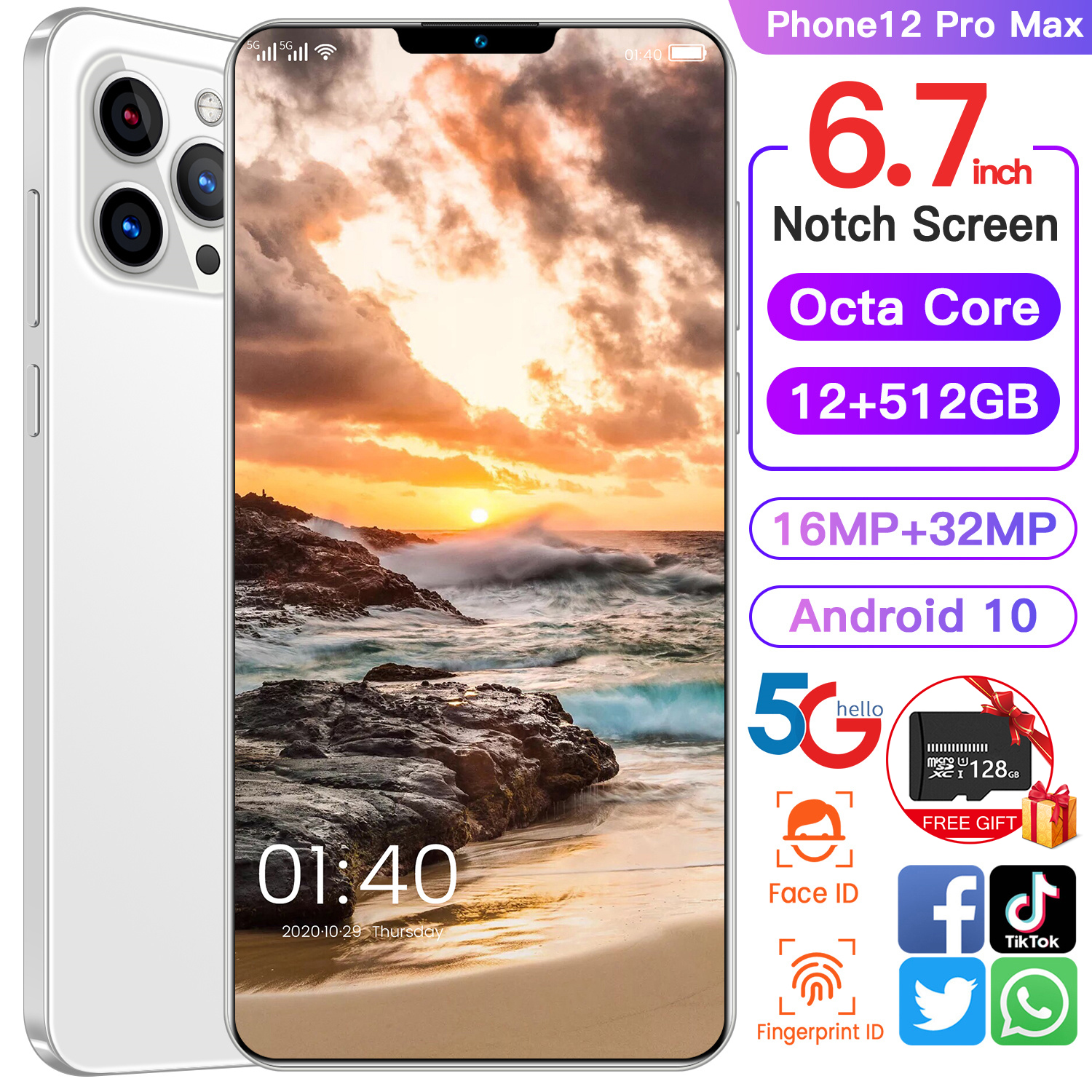 Смартфон Phone12 Pro Max, 8 ядер, 12 + 512 ГБ, 16 + 32 МП, 6,7 дюйма, 5200 мАч