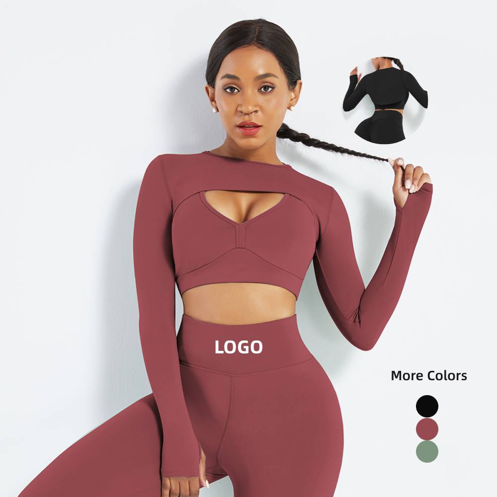 Wholesale Women's Long Sleeves Sports Crop Top Cut-out Tee Top Workout Tops with Thumb Holes