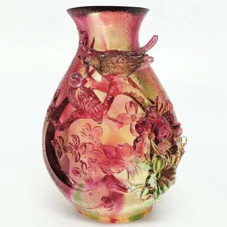 Holiday gift Red pink bird and flower decoration murano glass vase