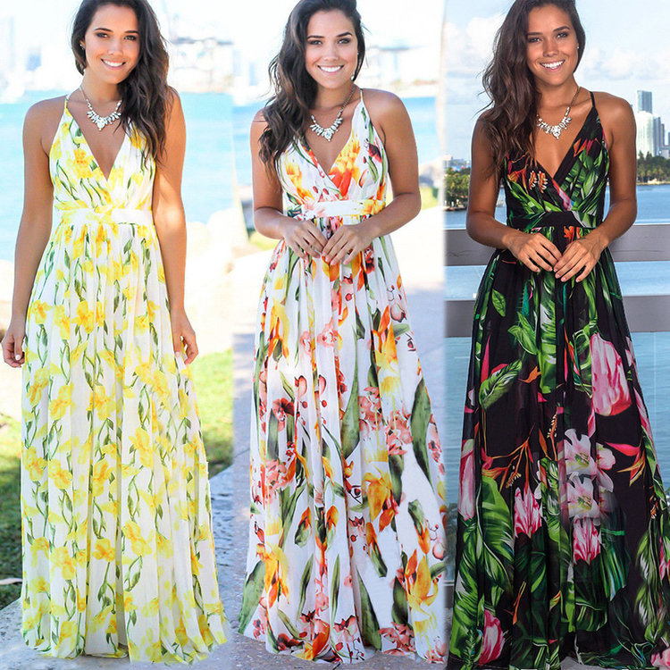 2020 Amazon wish strapless backless beach dress flower floral print summer womens long dress