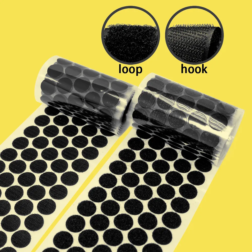 Transparent round squares adjustable printed heavy duty nylon self adhesive back dots circle tape logo rolls hook and loop dot