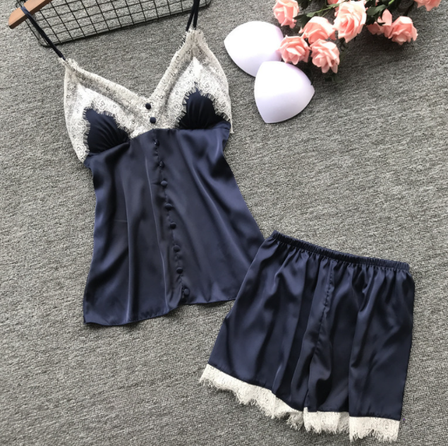 Fashion Warm Pajamas For Women Sexy Lace Sling Pyjama Set Sleeves Nightwear