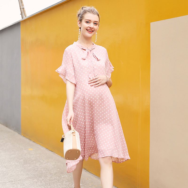 MKMN Women's high quality 100% polyester chiffon dot printing fashion maternity dress