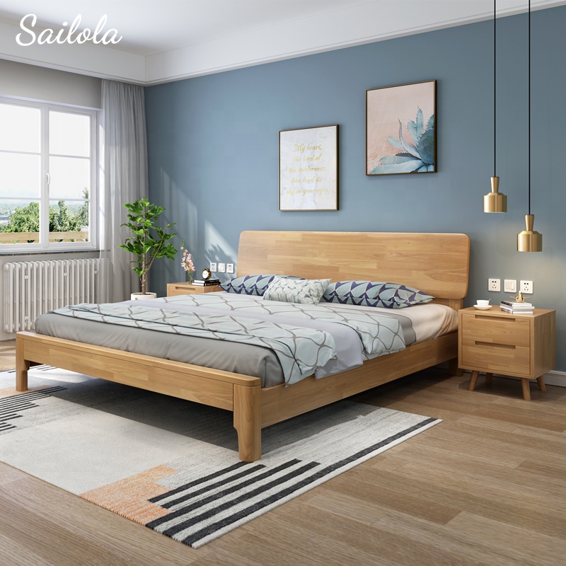 Wholesale Bedroom Furniture Rubber Wood Bed Modern Solid Double Bed With Storage