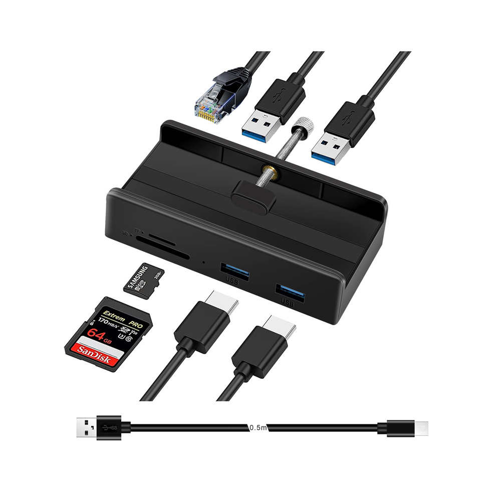 Мультипортовый адаптер USB 3,0 с зажимом, док-станция 7 в 1 Type-C с 4K @ 30 Гц HDMI, 1 Гбит/с Ethernet, кардридер для SD/TF карт