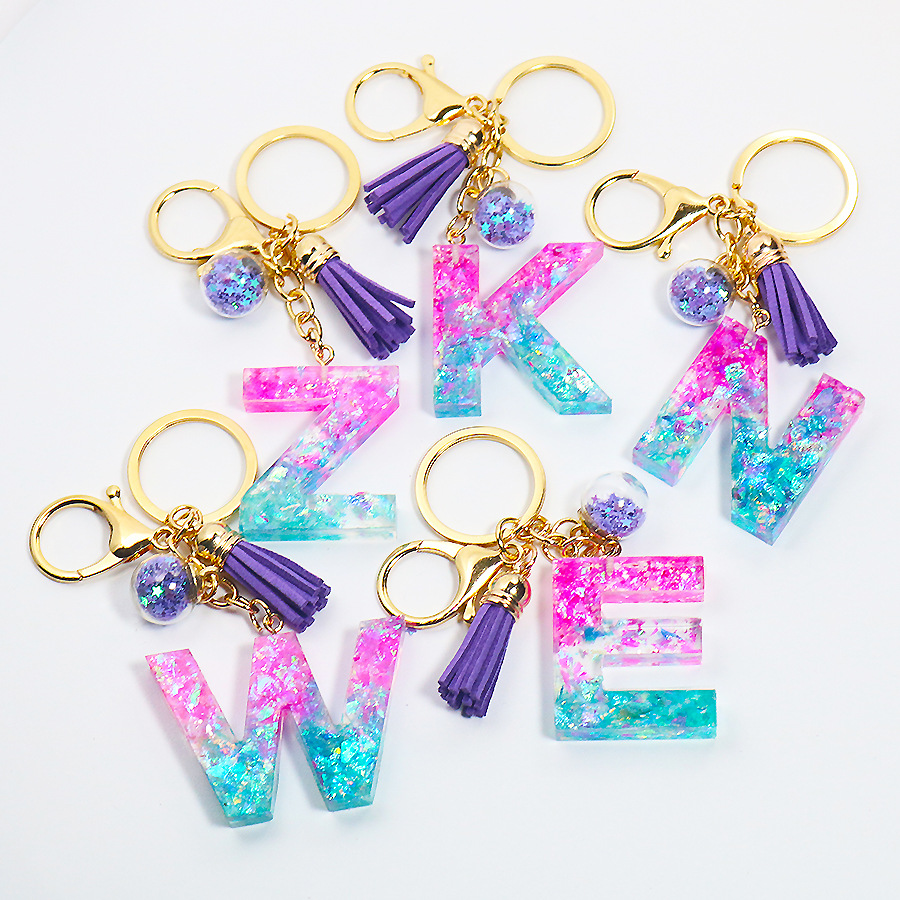 Custom Pendant Alphabet Accessories Tassel Colorful Capital Clear Charms Fashion Letter 26 Initials Letter Glitter Keychain