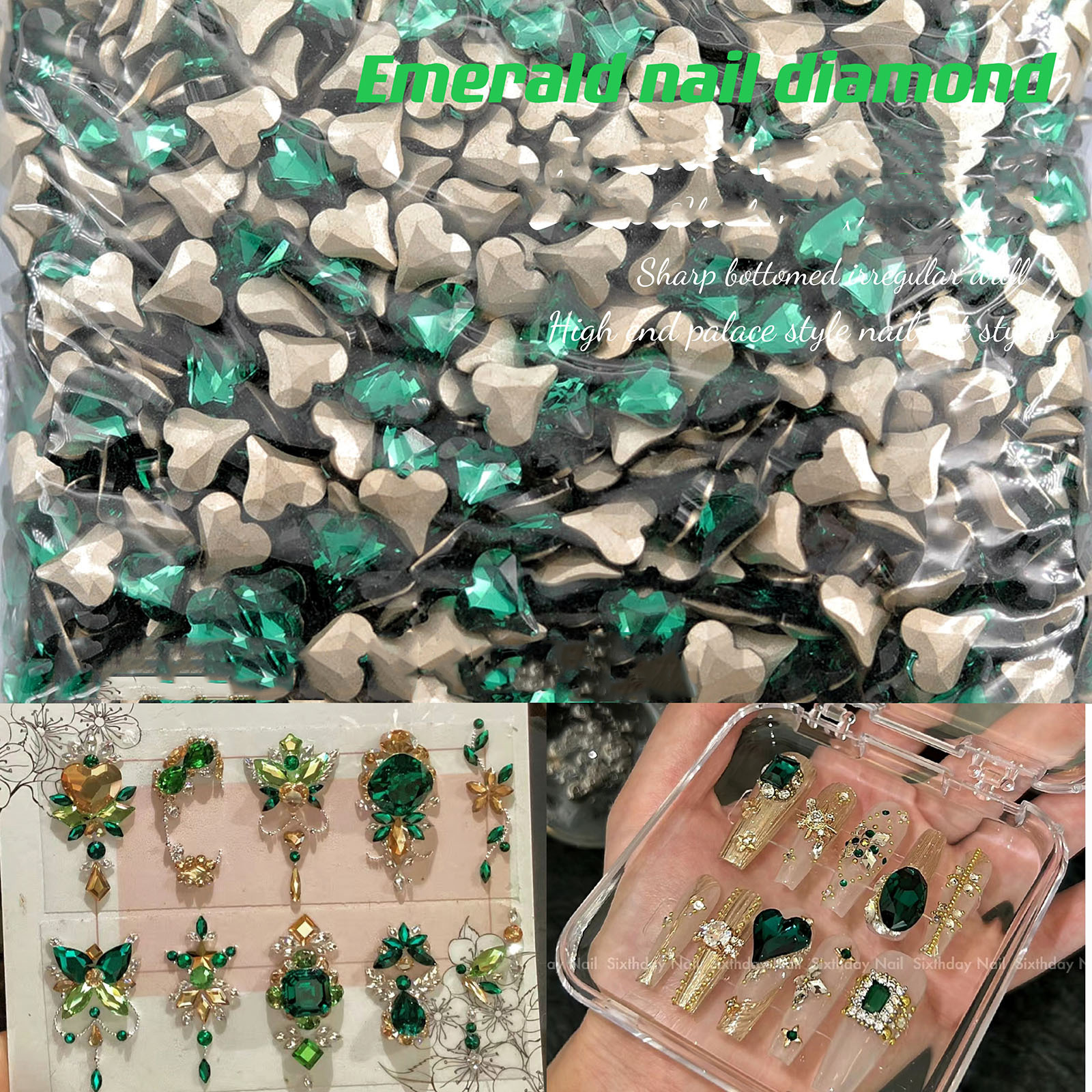 Private Label Green Mixed Shape Nail Rhinestones Christmas Decoration 3D Jewelry DIY Alloy Nail Art Charm Accessories In Bulk