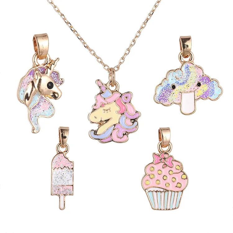 JOJO Wholesale New Fashion 5 Charm 1 Cute Cartoon Unicorn Handmade Baby Girls KIds Necklace Jewelry