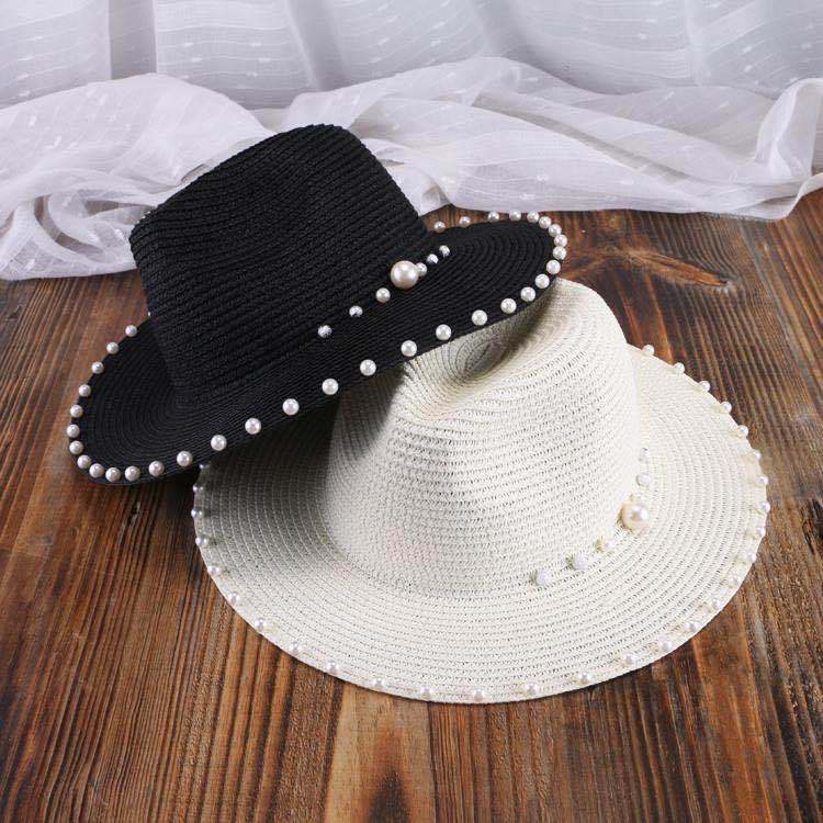 2020 new fashion Straw Hats Natural Summer Floppy Straw Hats with peal Beach Straw Hats for Women