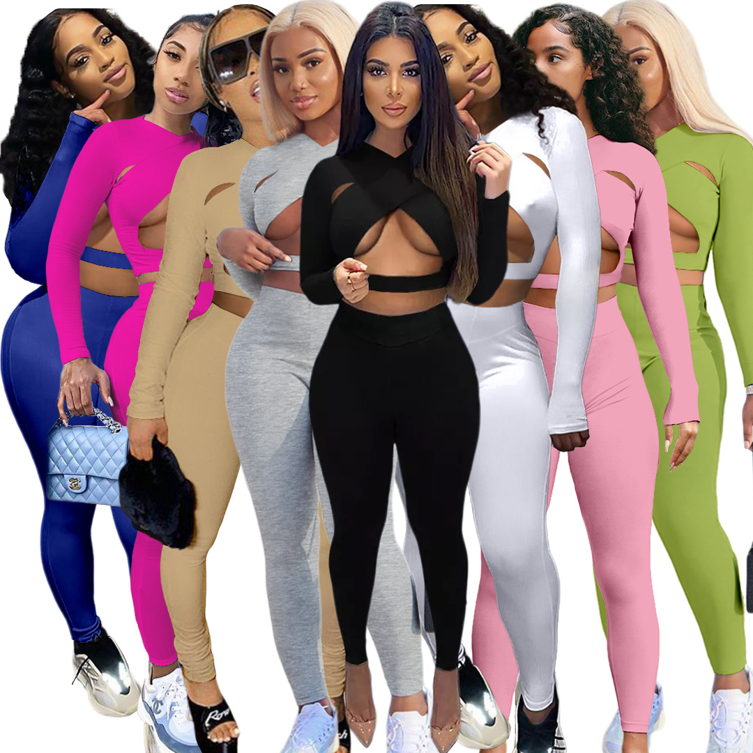 2021 sexy fall fashion women solid color cross hollow out long sleeve sport yoga fitness bodycon 2 two piece long trousers set