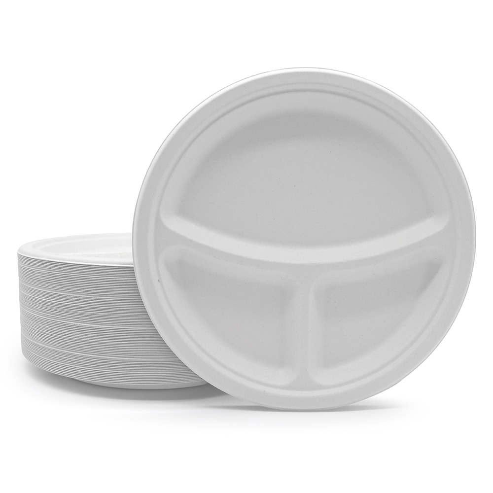 Disposable 9 inch 10 inch Inch 3 Compartment Bagasse Paper Plate Dinner Plates Sugar Cane De Azucar