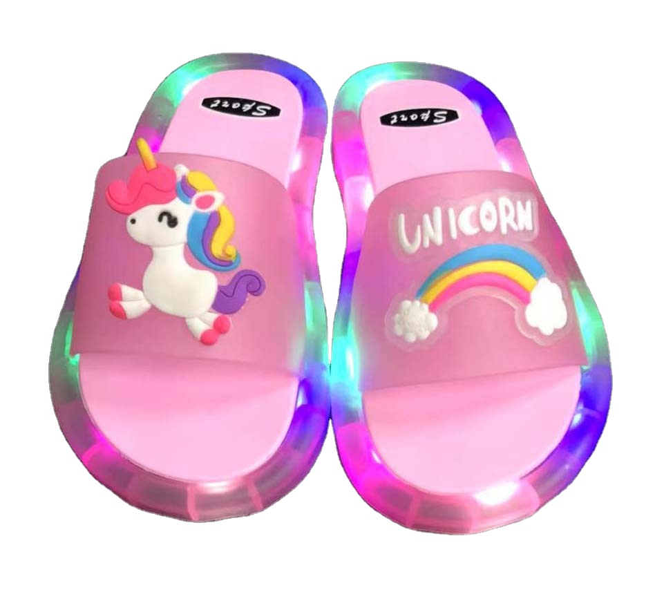 2021 Wholesale cheap comfortable animal unicorn LED child children kids shoes pantuflas shower sandals light up slippers