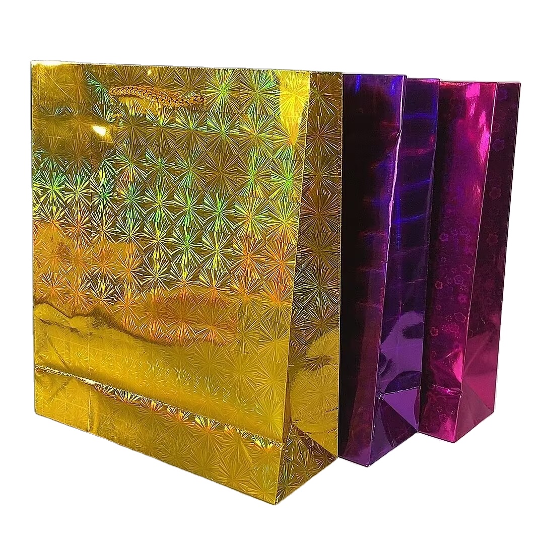 In Stock Glitter Carton Paper Bags Packaging Gift Plain Holographic Pharmacy paper bag