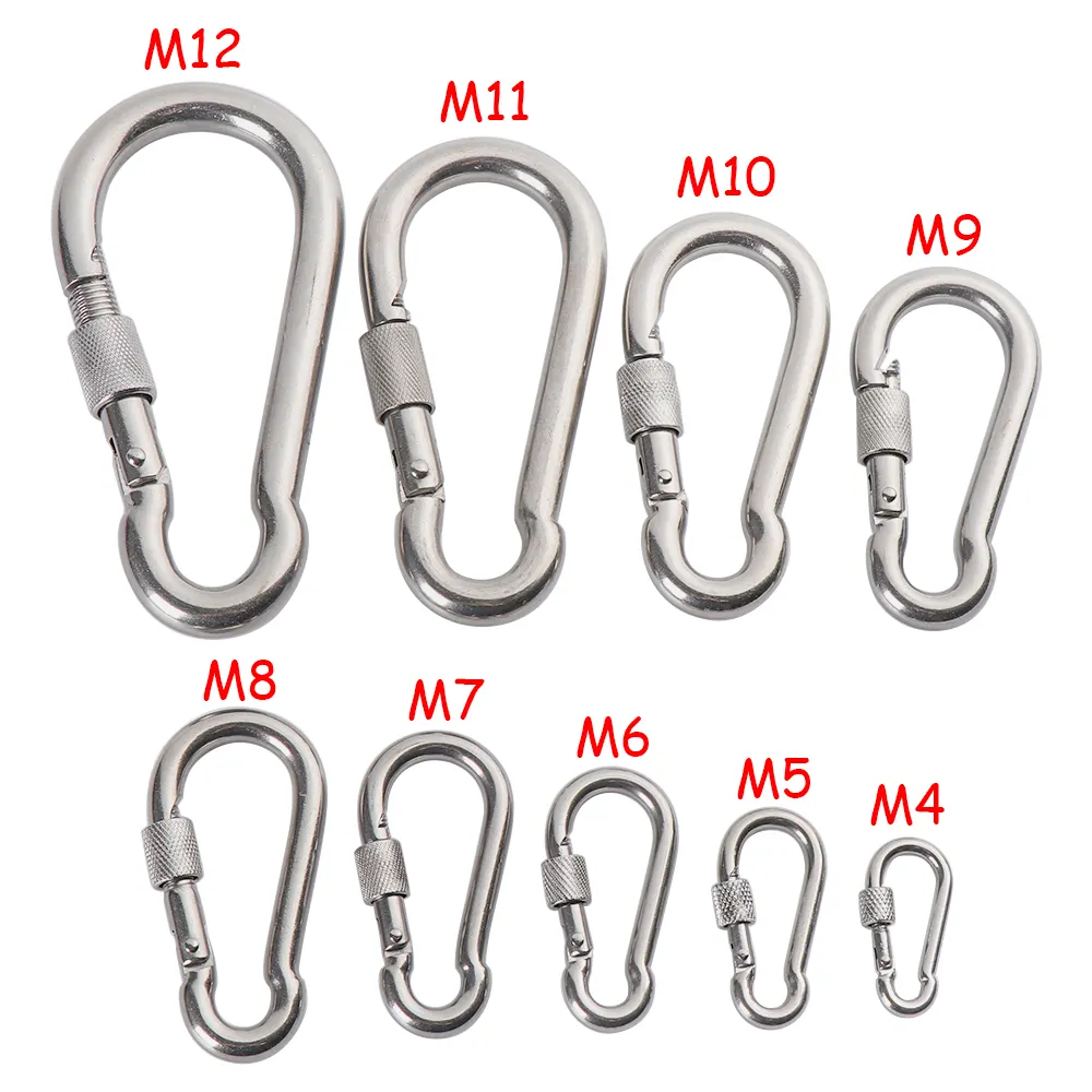 BT-245S M4~M12 304 Silver Stainless Steel Lock Ring Safety  Outdoor Climbing Snap Hook Carabiner Spring Quick Link