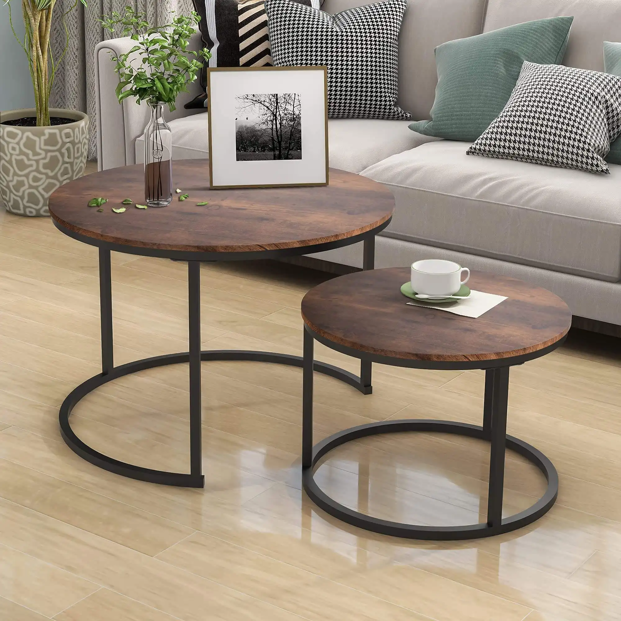 Round Nesting Coffee Table Bent Black Gold Metal Side Glass Marble Stone Mdf Nesting Table Home Furniture