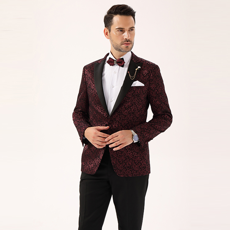 Men's Floral Print Blazer Jacket Banquet Clothing Fashion Shawl Collar Men's Slim Blazer Burgundy