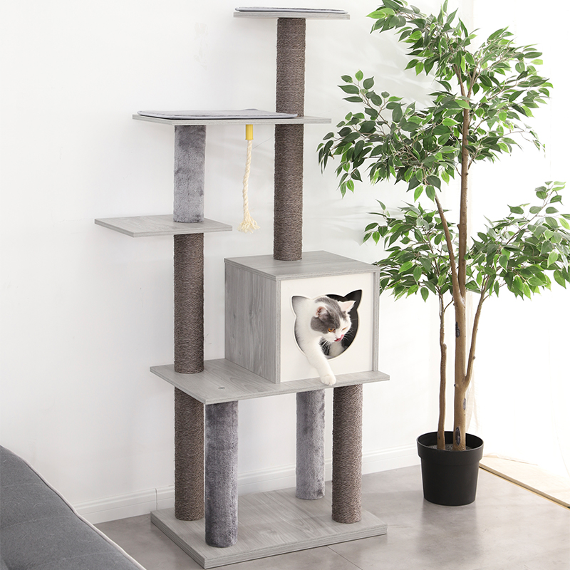 66 Inch Wooden Cat Furniture Multilevel Luxury Cat Towers with 1 Condo Spacious Perches Removable Mat and Rope Toy