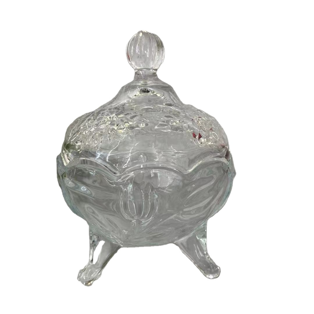Hot-sale round three-claw embossing glass candy jar with lid for wedding and home
