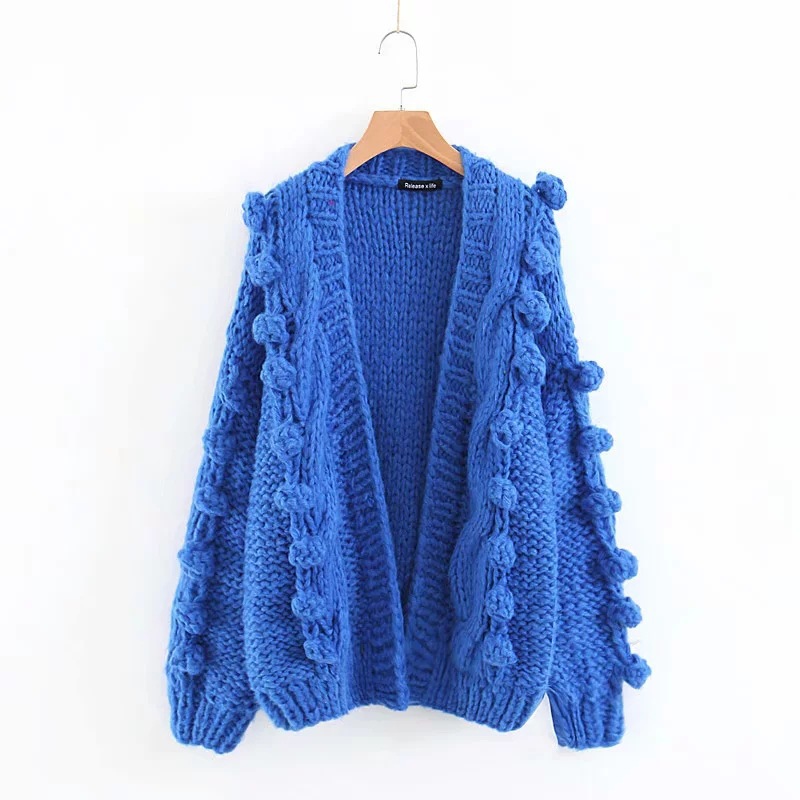 Женская мода Handknit пузыри рукав большой кардиган пальто Негабаритных коренастый свитер с шерстяными шариками