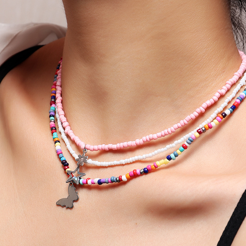 Bohemia Candy Color Beads Choker Multilayer Necklaces Women Star Moon Butterfly Pendant Chain Necklace Party Beach Jewelry Girls