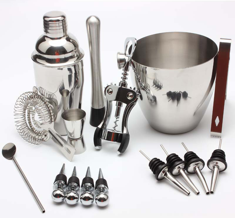 Promotion boston shaker 16-piece wine bartender tools engraved wooden cocktail shaker set/luxury bar set