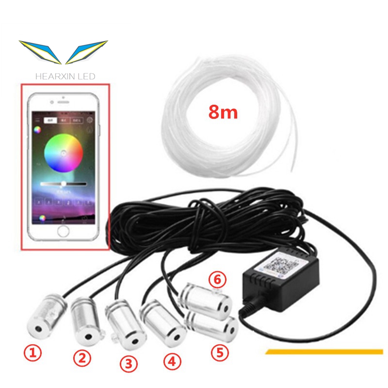 RGB светодиодные полосы окружающего света приложение Bluetooth управление для салона автомобиля Атмосфера свет лампы 8 видов цветов DIY музыка 8 м волоконно-оптический ремешок