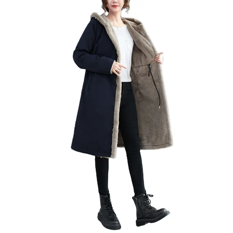 91800100 Winter new style to overcome women's plus velvet thick mid-length double-sided coat imitation fur coat women