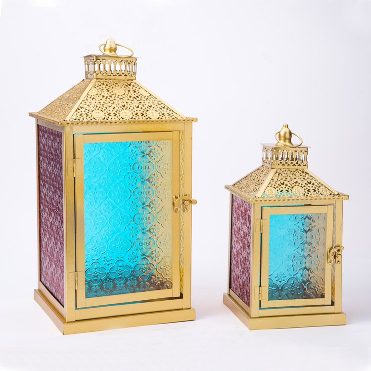 Retro Moroccan lantern gold stained glass metal candle stand