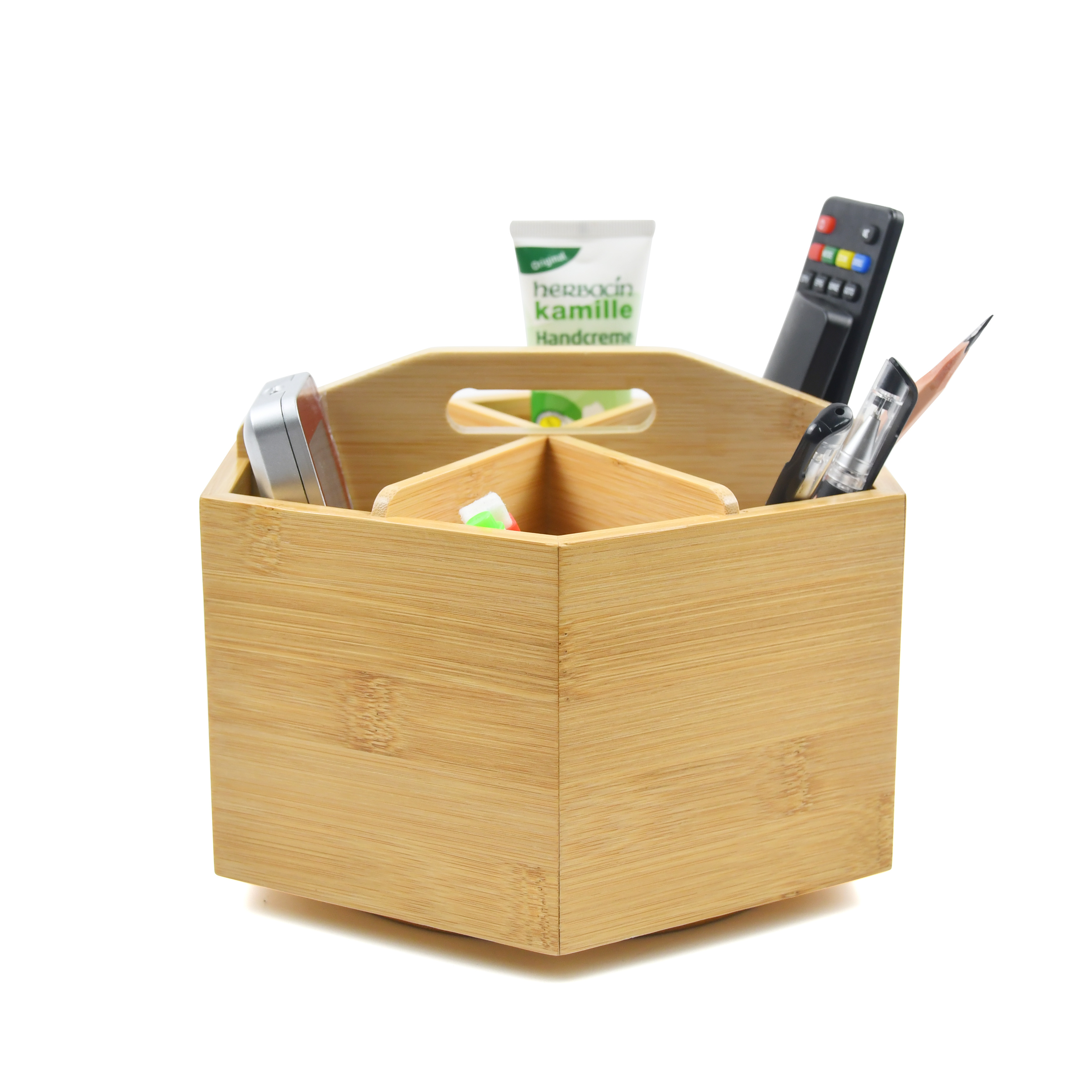 Home Office Bamboo Rotating Desk Organizer 6 Compartments Pen Portable Stationery Holder