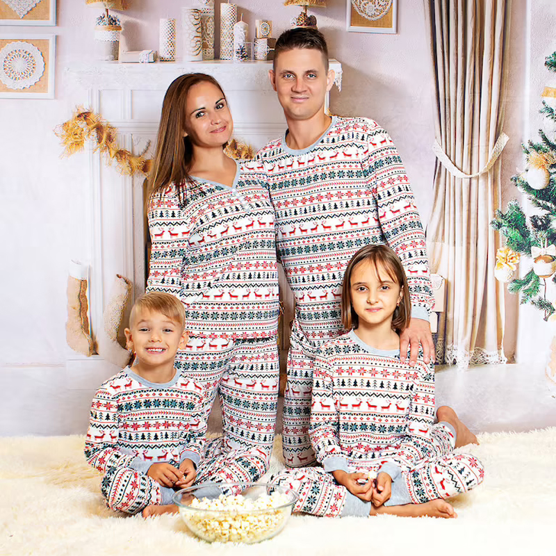 Modal Custom Snow Reindeer Print Long Sleeves Pants Onesie Sleep Wear Family Pajamas