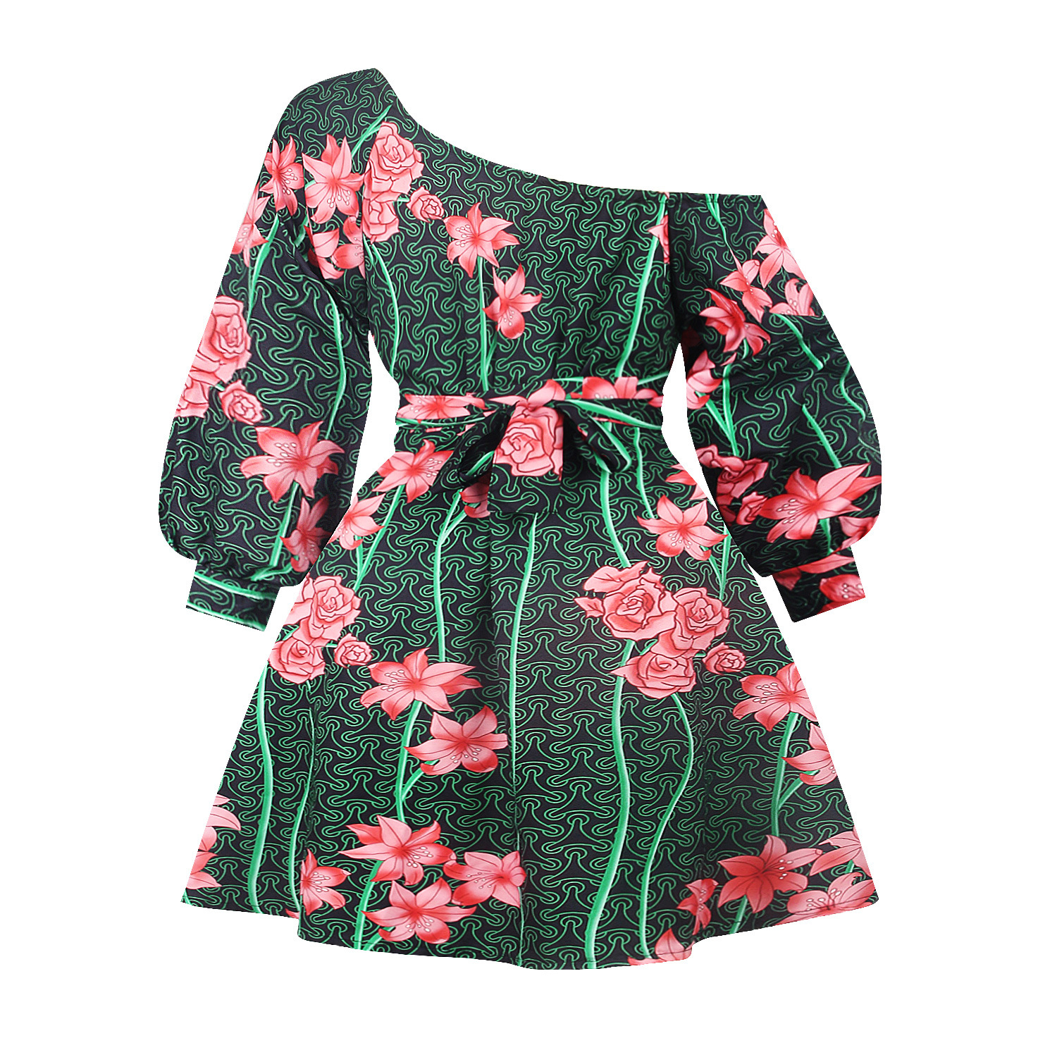 Sexy slant shoulder stretchy shrink dress skirt summer digital print fluffy two wear top