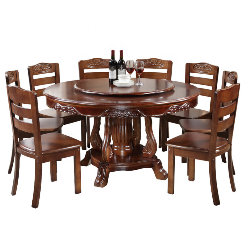 Modern simple round household solid wood dining tables and chairs for 10 people with turntable
