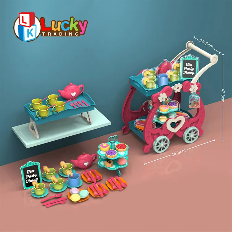 Hot Selling Plastic Preschool Play Set Afternoon Tea Trolley Toys For Kids With Dessert