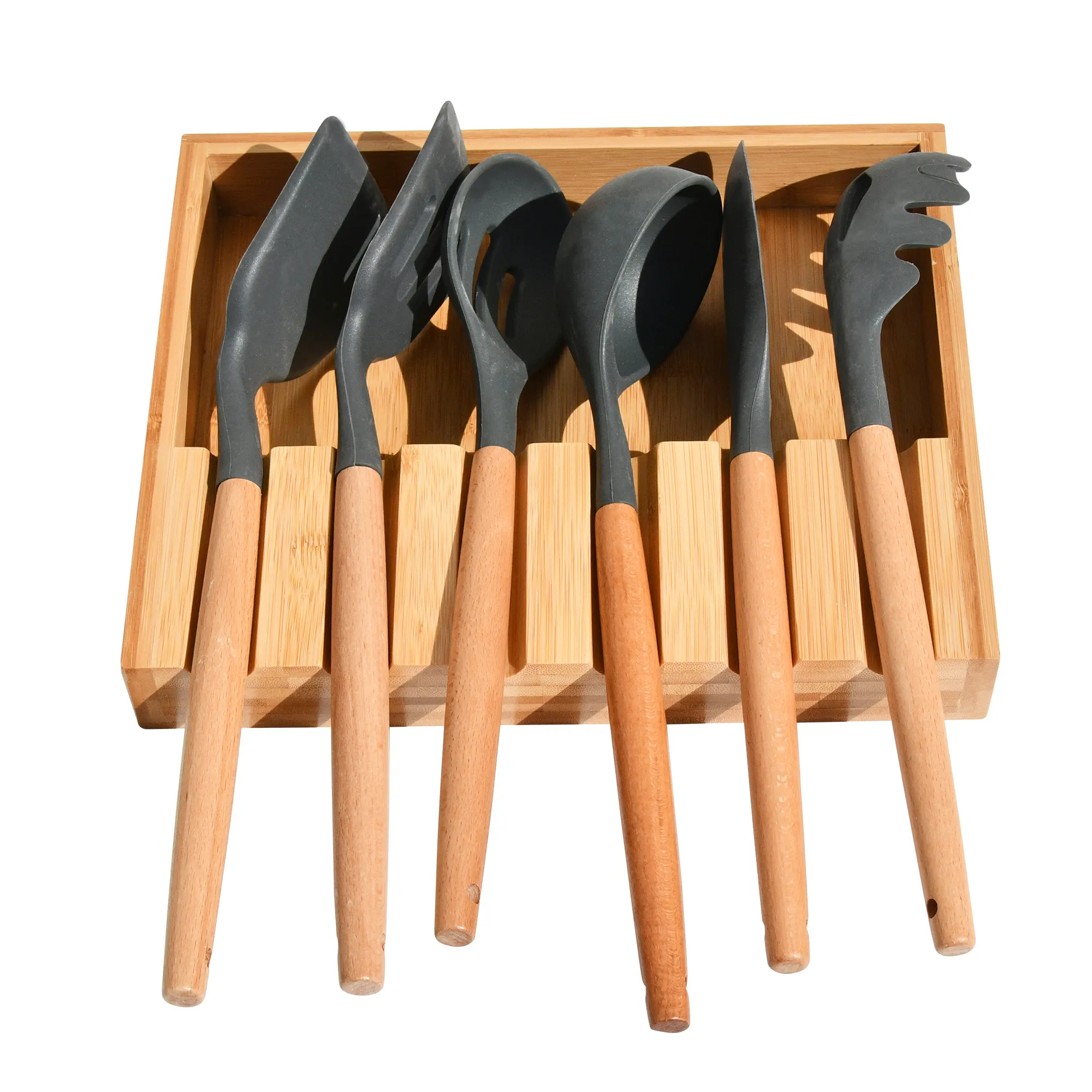 Wholesale Large 6 Slots Bamboo Kitchen Cooking Utensil Organizer Holder Spatula & Spoon Rest for Counter or Stove Top