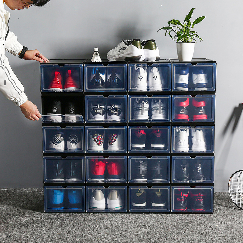 Hot Selling Side Open Door Steady Stacking Custom Logo OEM Plastic Black Shoe organizer Box foldable shoe box