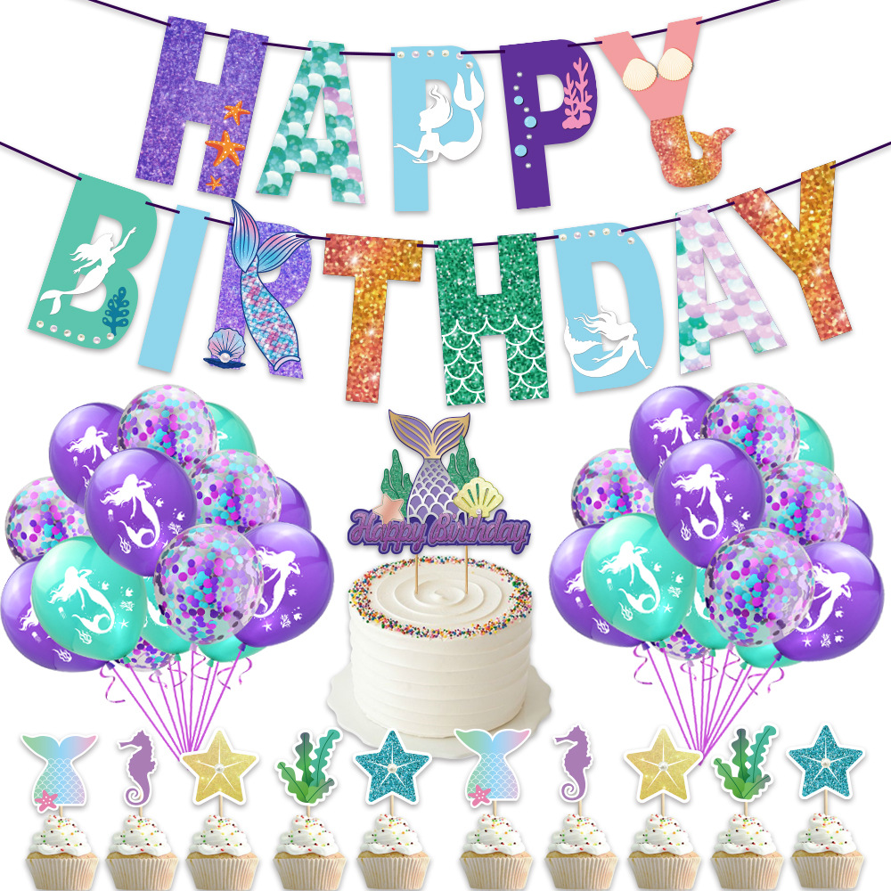 30PCS Confetti Glitter Happy Birthday Mermaid Ballon Banner Cake Topper Set Party Decorations Baby Shower Decorations