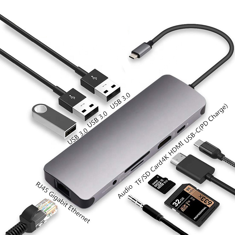 9 в 1 USB-C концентратор для типа C PD HDMI 3,5 мм аудио RJ45 Ethernet сетевой адаптер SD TF Card Reader устройство чтения карт USB C концентратор для Macbook