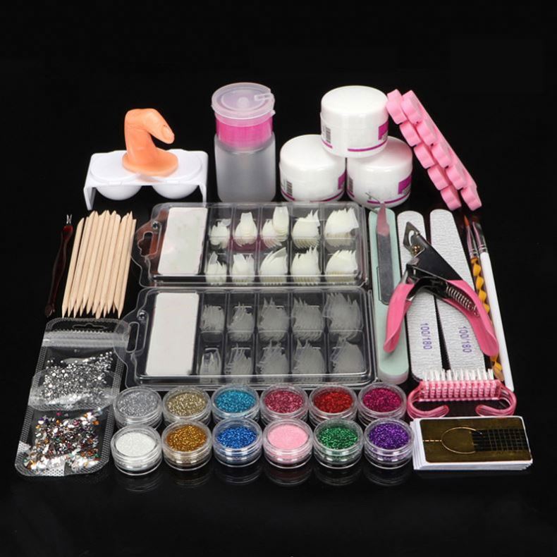 Professional Acrylic Powder Liquid Brush Glitter Clipper Primer File Nail Art Set Manicure Kit