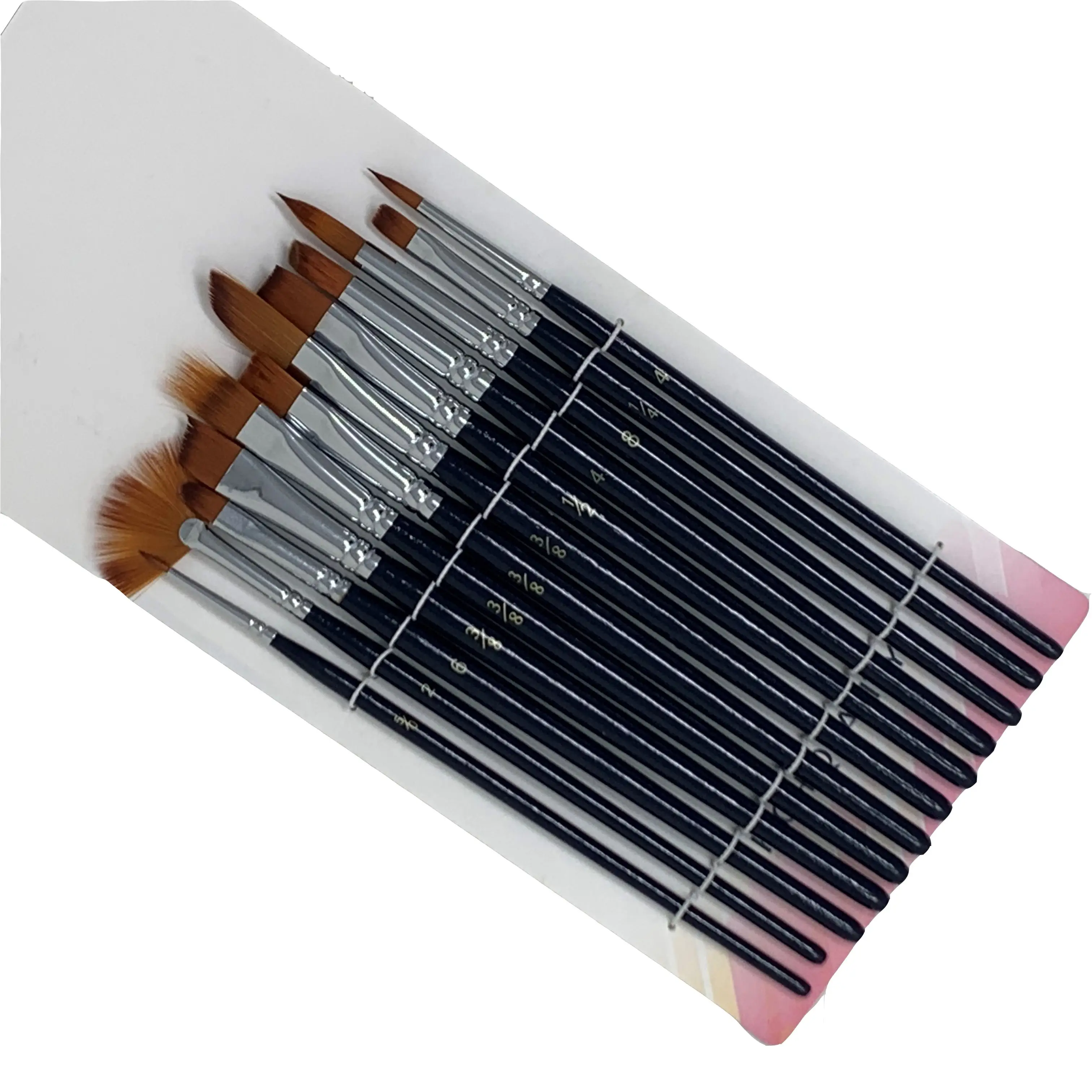 Artist Paint Brush Set For Nylon Hot Sale Painting OEM Hair Wood Art Logo Item Packing Fan 12Pcs Flat Printing