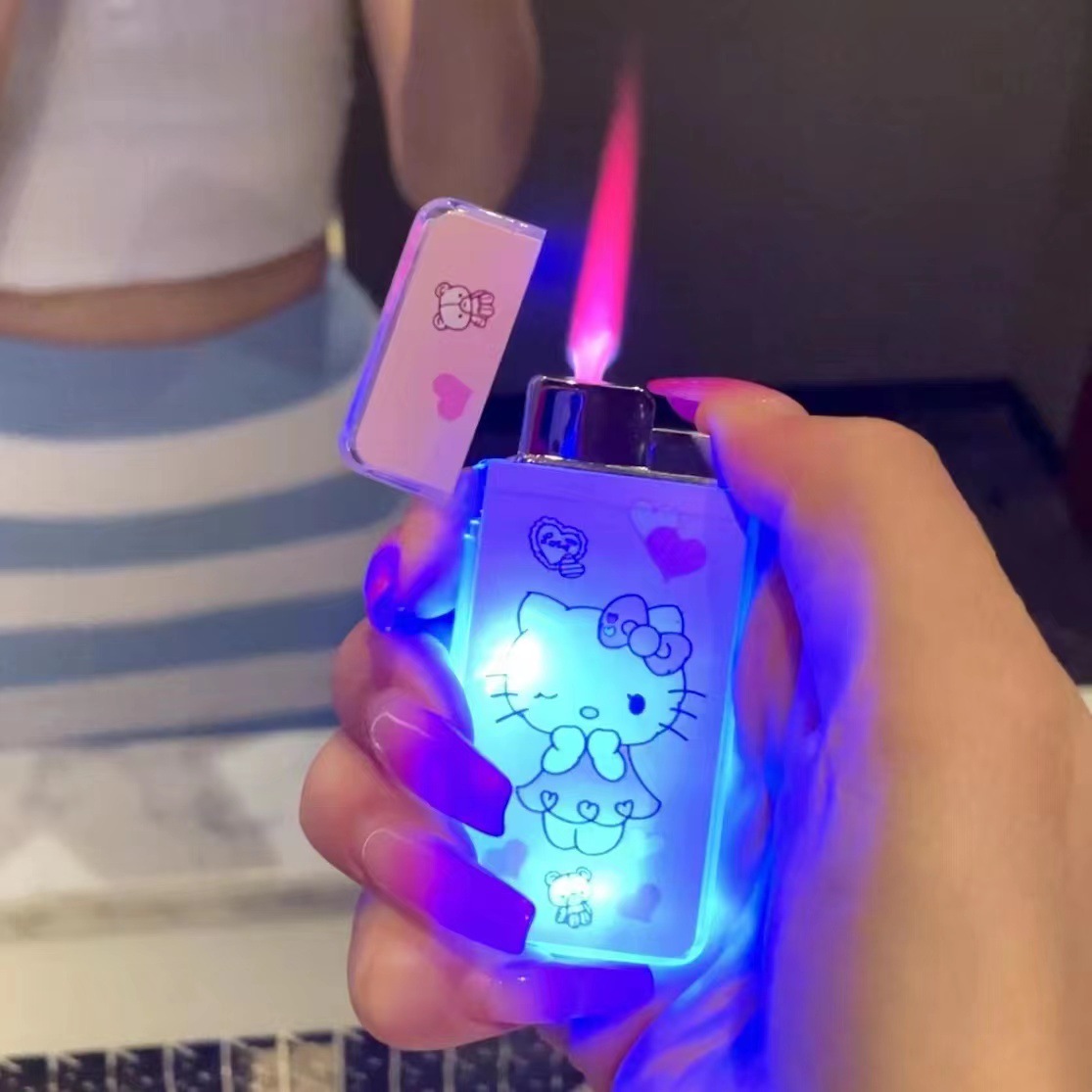 Мигающая светодиодная Зажигалка Kuromi Hello Kitty, мультяшная зажигалка с красным пламенем, ветрозащитная надувная зажигалка
