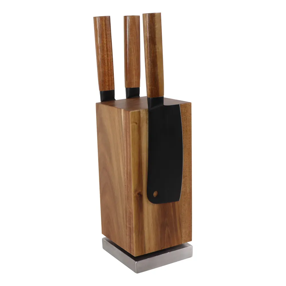 360 Degrees Acacia Wood And Stainless Steel Rotate Magnetic Knife Holder Block