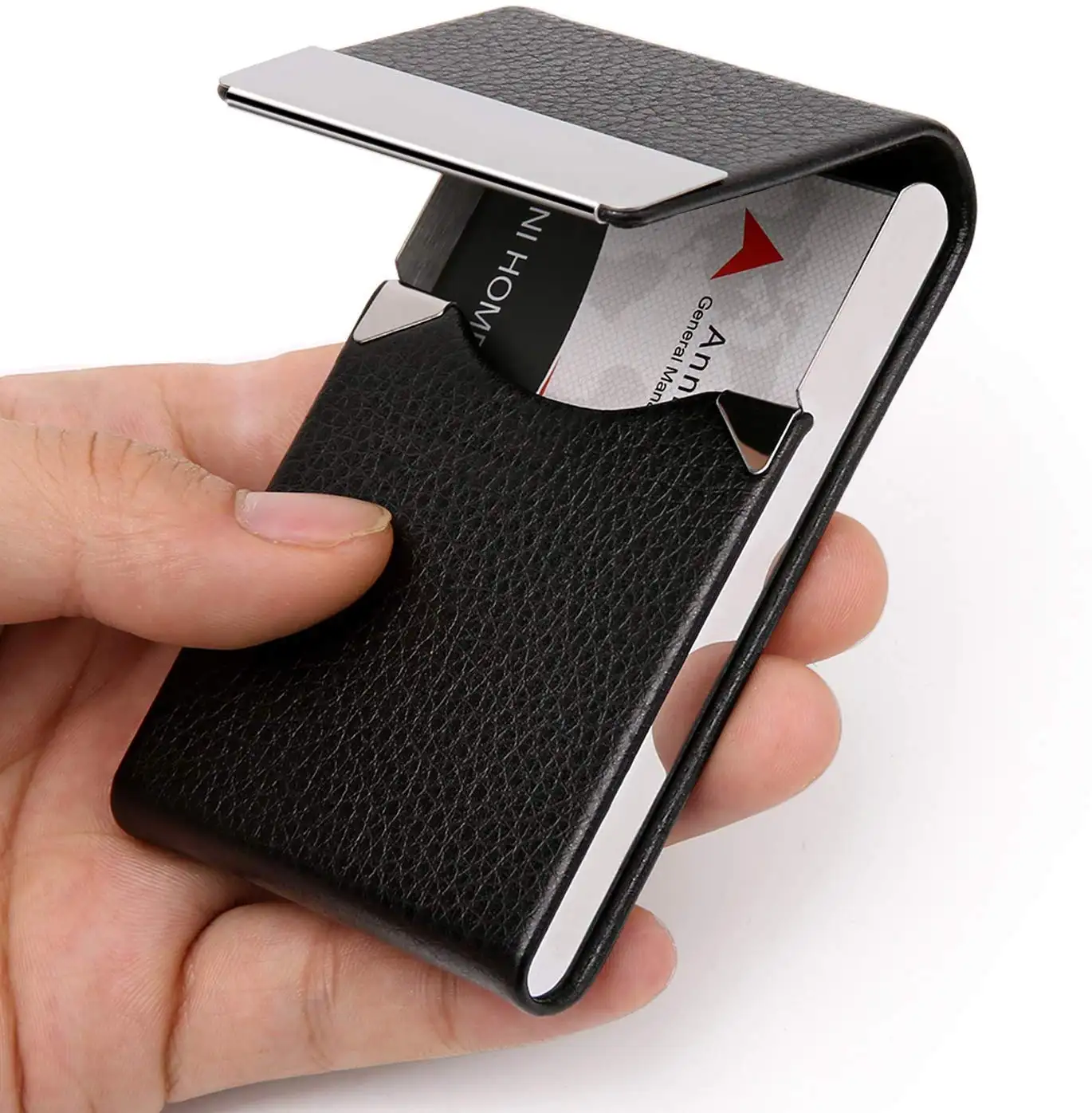 HOT SELL IN AMAZON PU Leather Business Card Case Name Card Holder Slim Metal Pocket Card Holder with magnetic shut