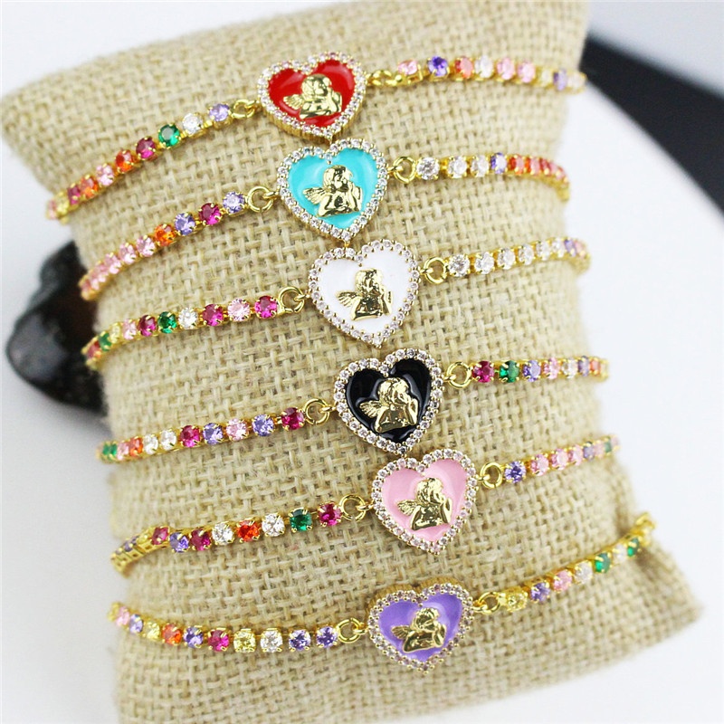 CH-JET0267 New arrival heart bracelet,colorful cz micro pave bracelet,dainty enamel love angel connector bracelet wholesale