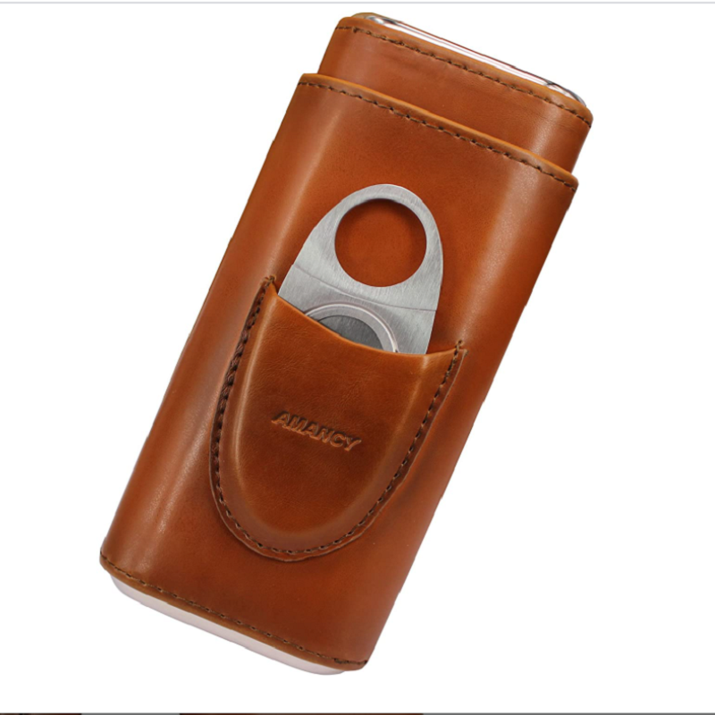 Brown Leather Cigar Case Cedar Wood Lined Cigar Humidor with Silver Stainless Steel Cutter