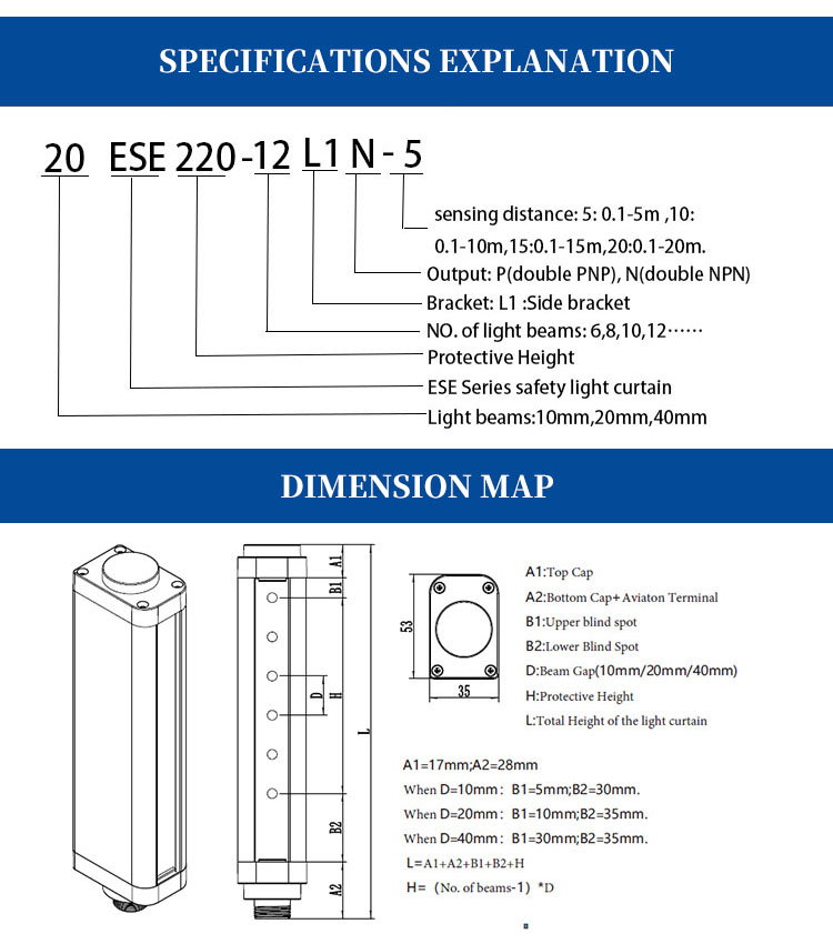ESE Series Safety Light Curtain DC24V Human Protection Safety Area Sensor for Punch Machine Optical sensor