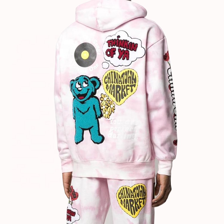 Custom chenille patch hoodie unisex pink tie dye embroidery hoodie sweatshirt
