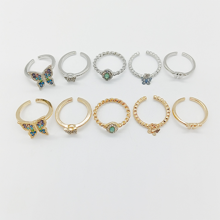 Fashionable gemstone diamond bling silver gold plated wings butterfly opened ring set for women