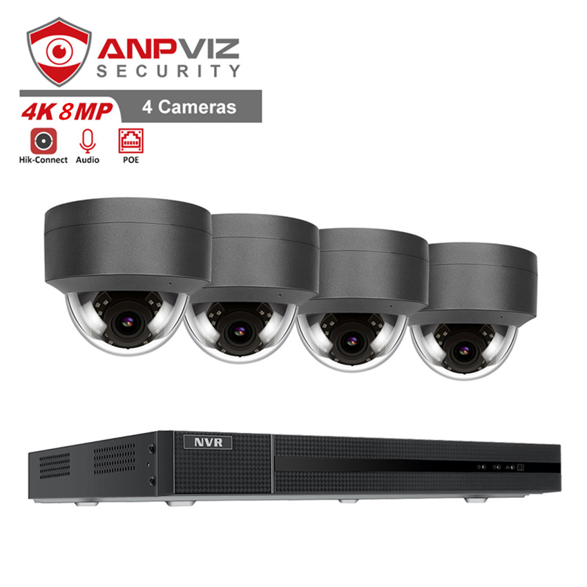 Anpviz 8CH 4K 8MP NVR 4Pcs 8MP серая купольная IP-камера POE комплекты видеонаблюдения Система безопасности 2,8 мм фиксированный объектив P2P View Onvif H.265