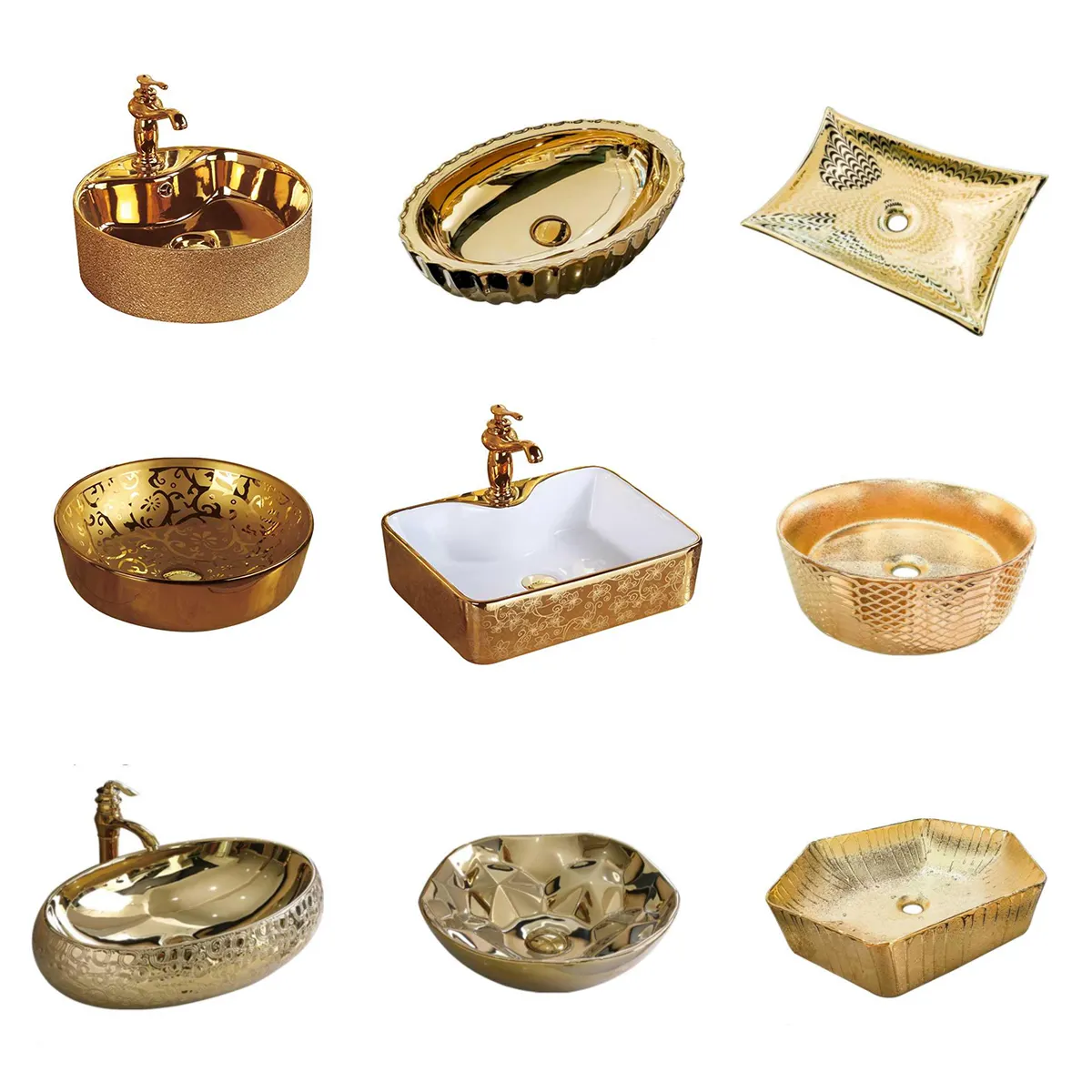 chaozhou factory lavatory rectangular ceramic face basin electroplating deluxe round table top gold vanity basin