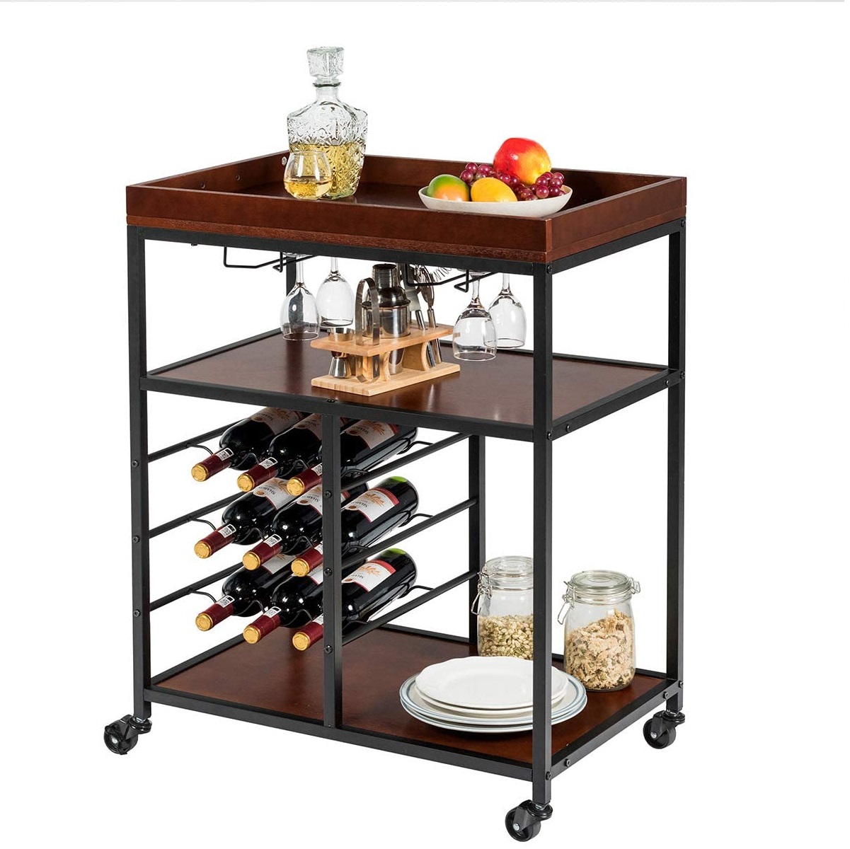 3-Tier Kitchen Island Cart Rolling Trolley Industrial Style Serving Cart Utility Cart Wood Kitchen Stand with Glasses Holder